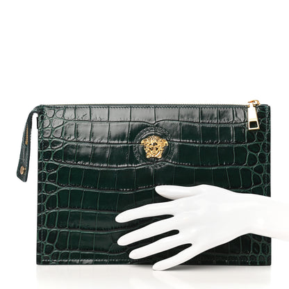 Versace Crocodile Embossed Calfskin Medusa Wristlet Green 2 of 7
