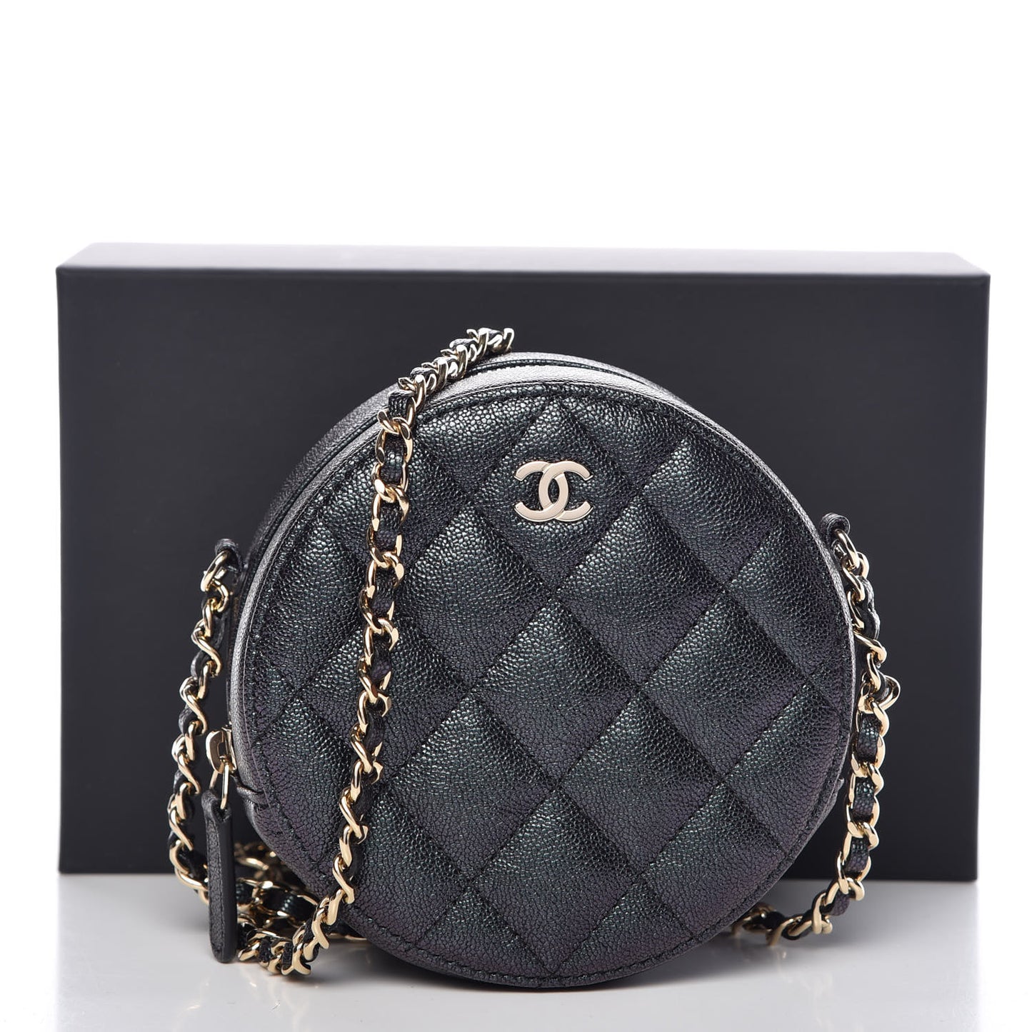 Iridescent Caviar Quilted Round Clutch With Chain Black