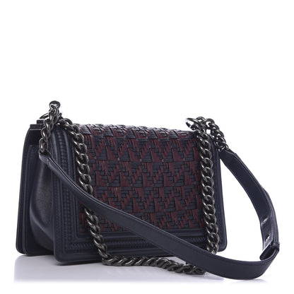 Chanel Calfskin Woven Medium Boy Flap Blue Burgundy 4 of 13