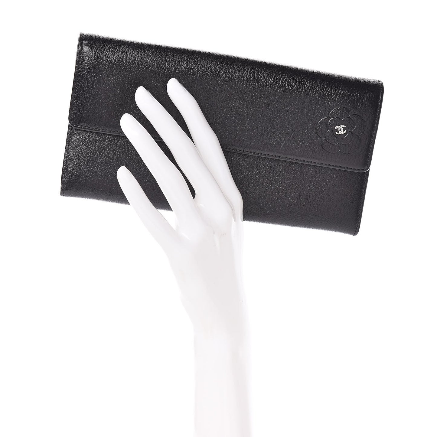 Goatskin Camellia Embossed Flap Wallet Black