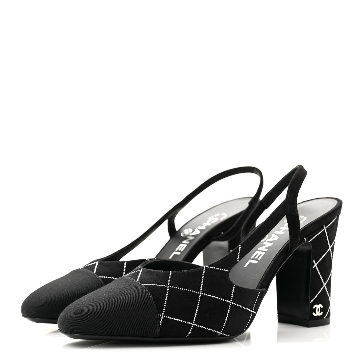 Chanel Suede Kidskin Cap Toe CC Slingback Pumps 37.5 Black Silver 4 of 9