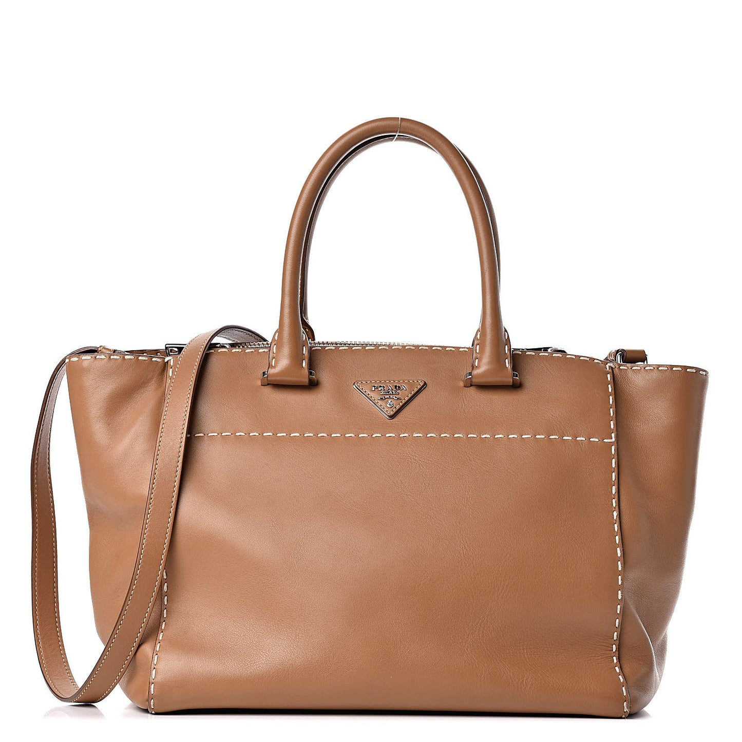City Calf Small Hand Stitched Galleria Double Zip Tote Caramel