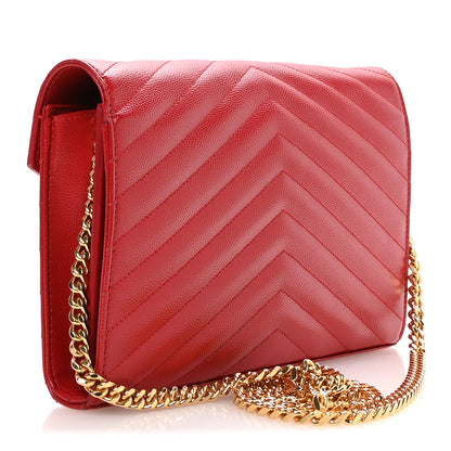 Saint Laurent Grain De Poudre Matelasse Chevron Monogram Chain Wallet Red 3 of 12
