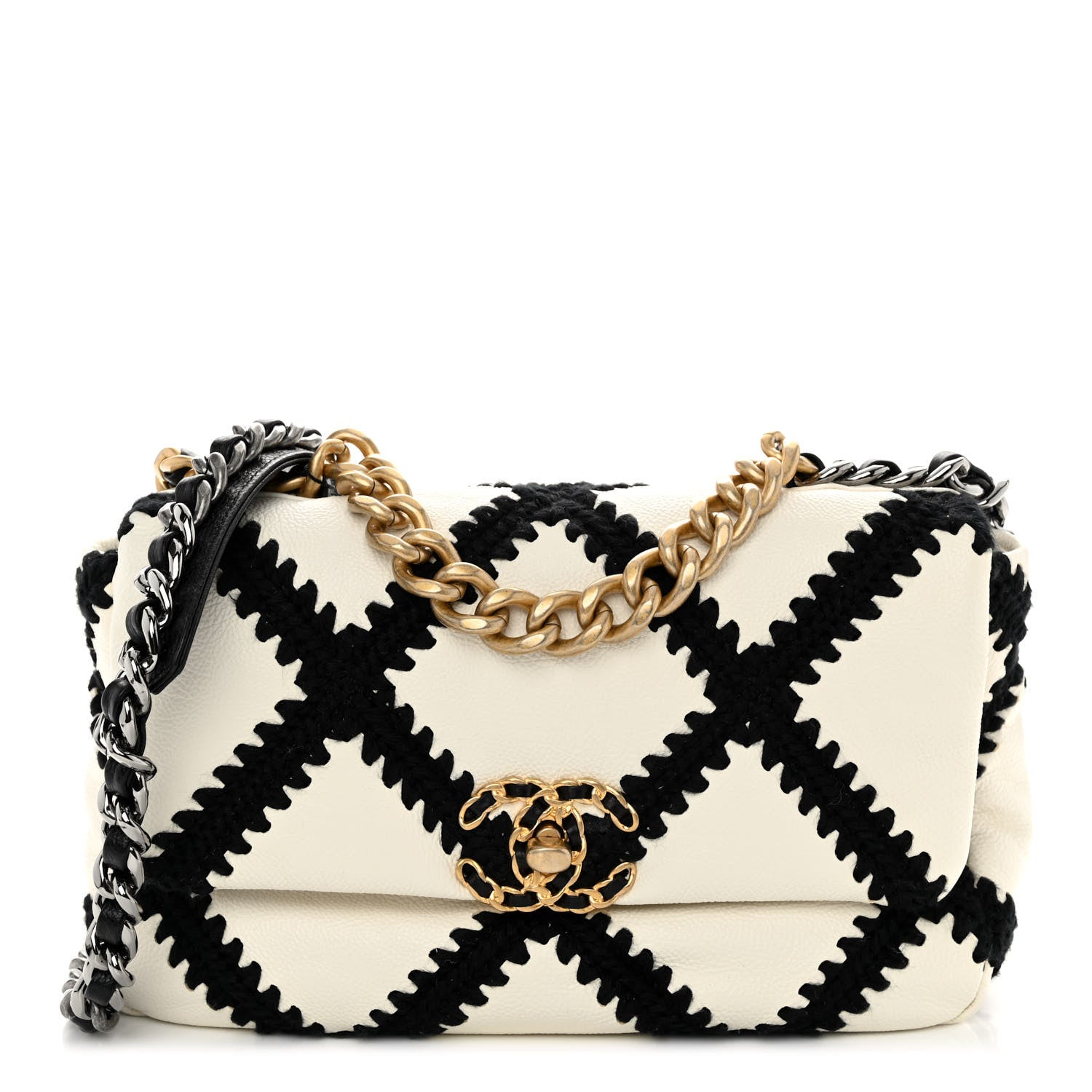 Chanel Calfskin Crochet Medium Chanel 19 Flap White Black 1 of 10
