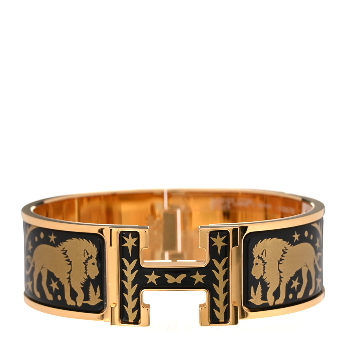 Hermes Enamel Printed Sous Le Charme D'Orphee Wide Clic Clac H Bracelet GM Black Gold 1 of 5