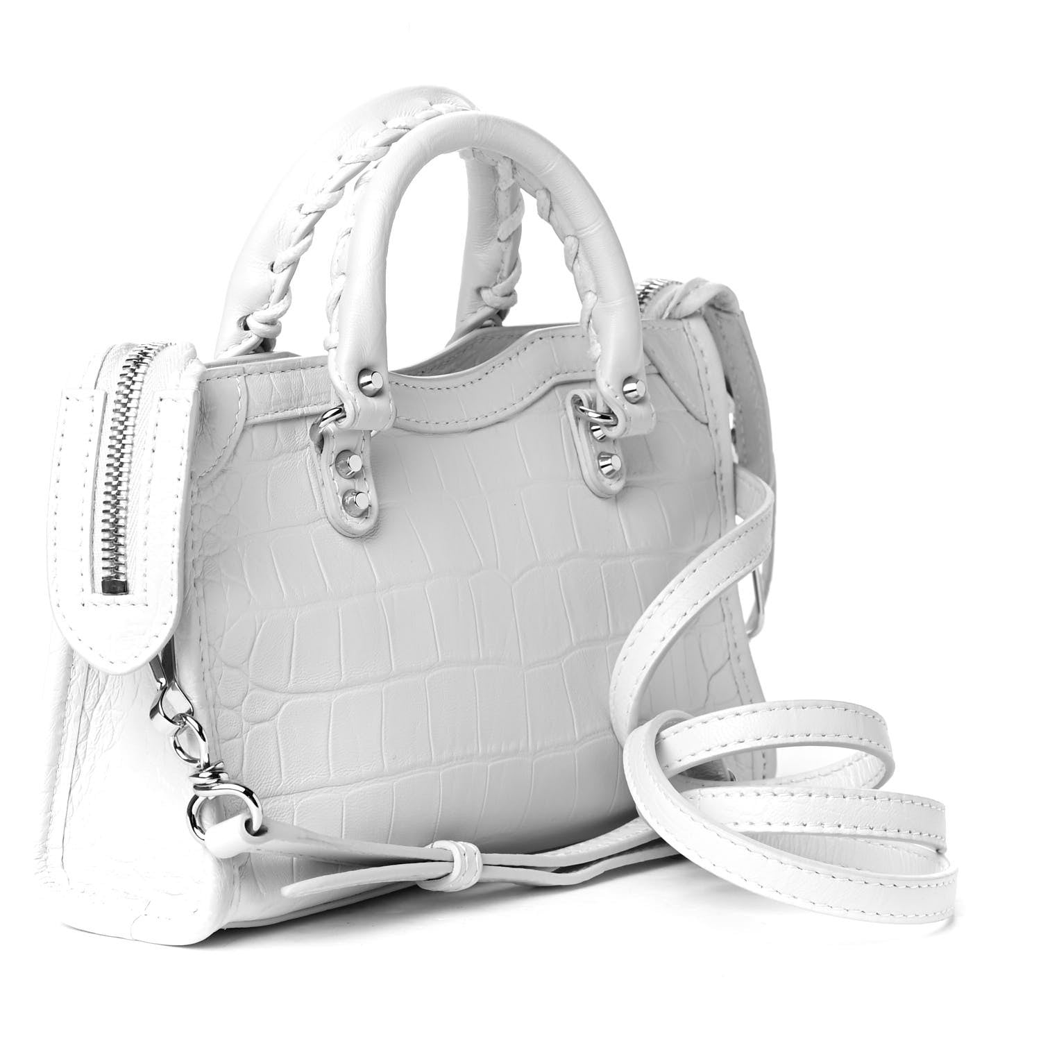 Balenciaga Matte Supple Lambskin Crocodile Embossed Classic Silver Hardware Nano City White 2 of 4