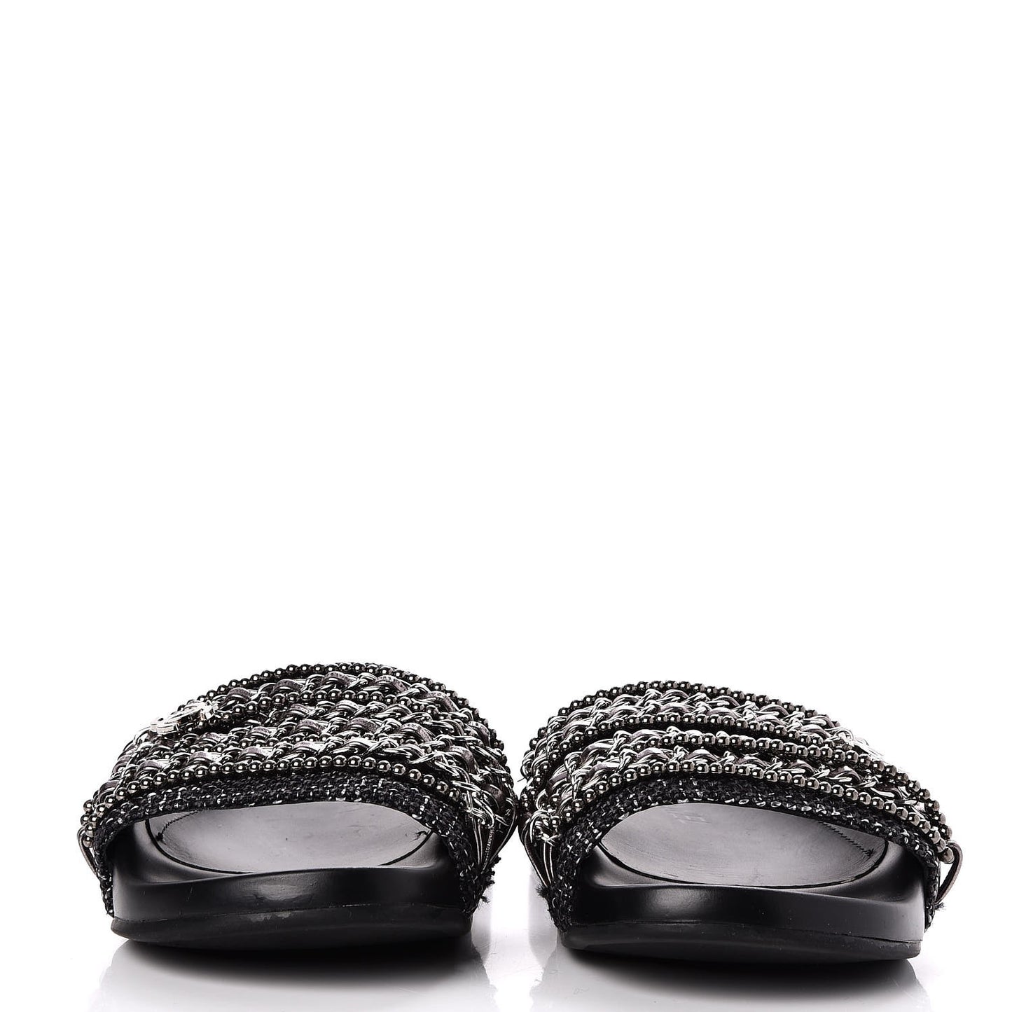 Tweed Lambskin Chain Flat Sandals 36 Black Silver