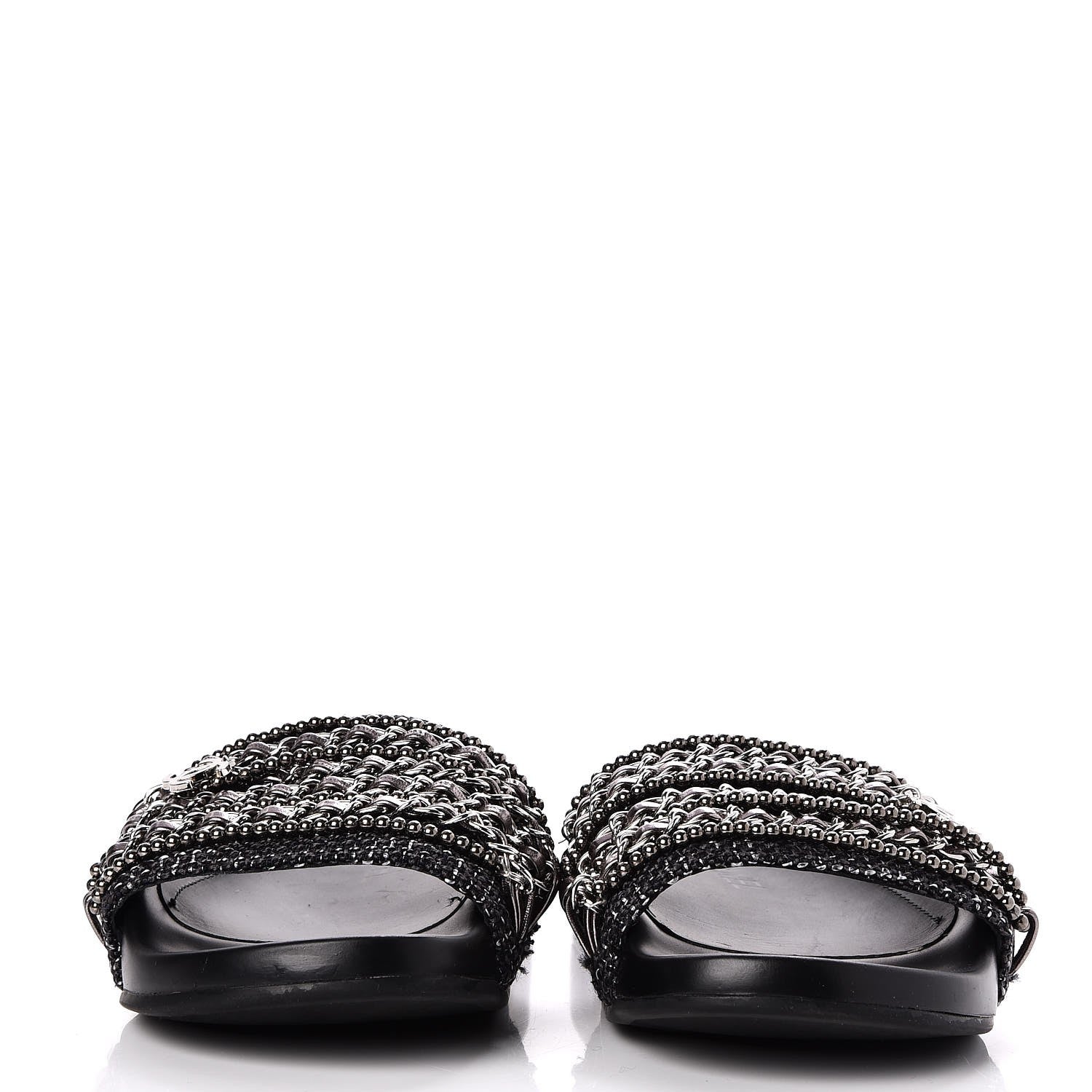 Chanel Tweed Lambskin Chain Flat Sandals 36 Black Silver 2 of 7