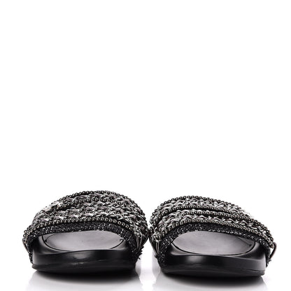 Chanel Tweed Lambskin Chain Flat Sandals 36 Black Silver 2 of 7