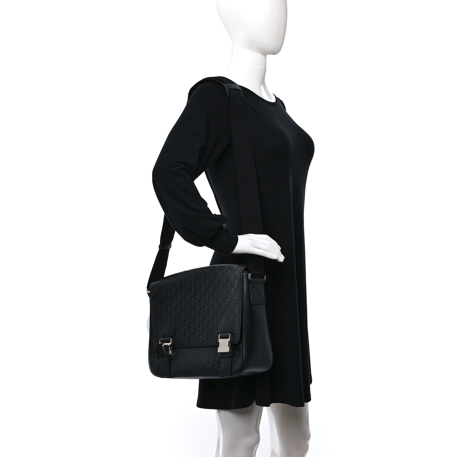 Gucci Guccissima Signature Medium Double Buckle Flap Messenger Bag Black 2 of 11