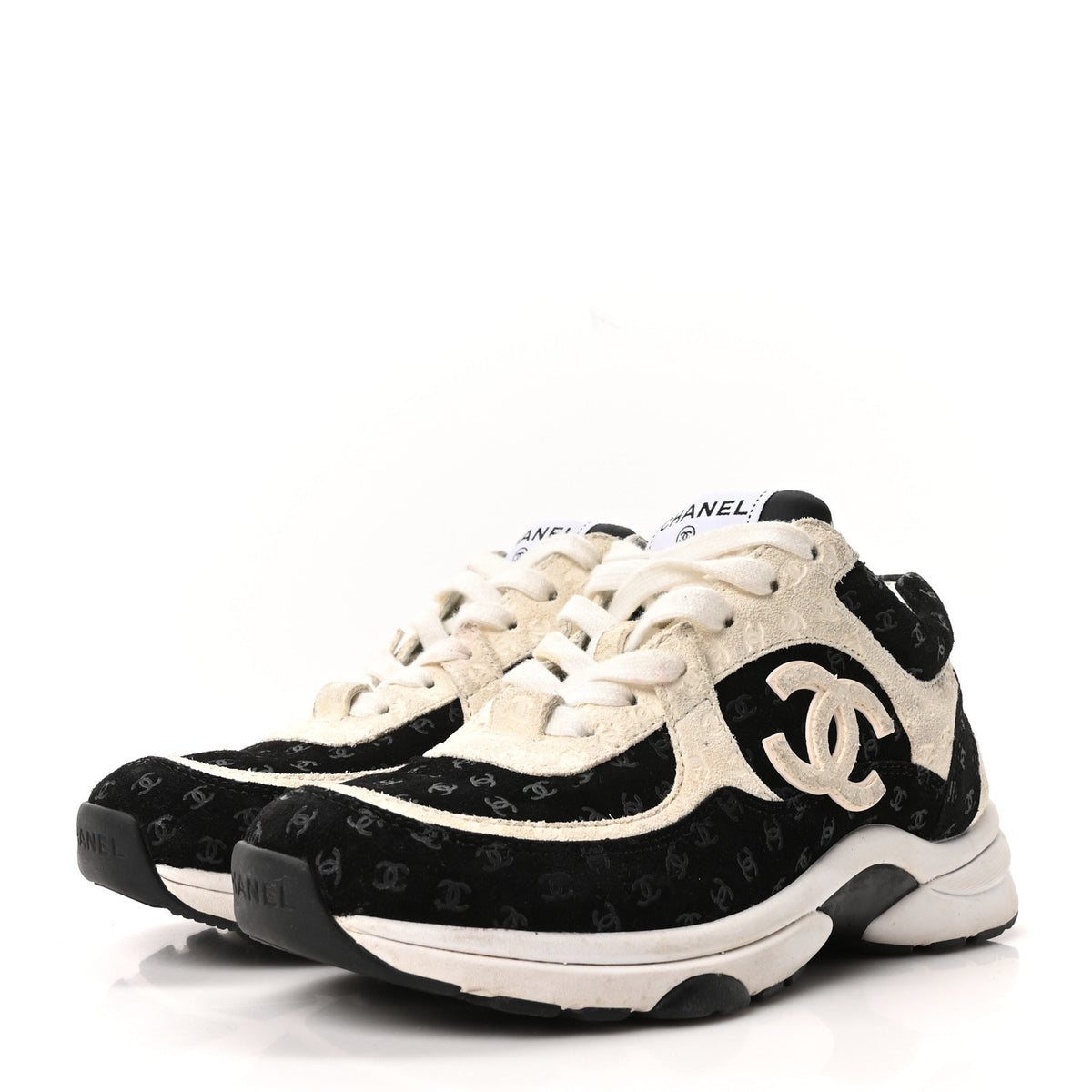 Chanel Printed Suede Calfskin CC Sneakers 35 Black White 4 of 10
