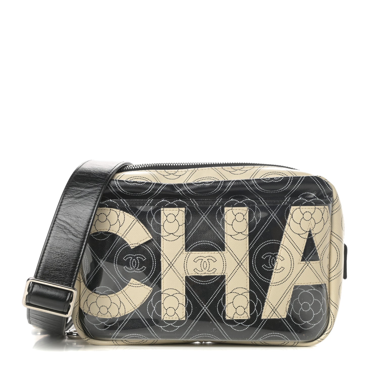 Coated Canvas Calfskin Camellia Printed Camera Case Black Beige