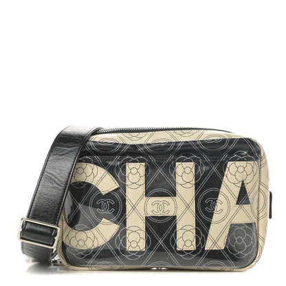 Chanel Coated Canvas Calfskin Camellia Printed Camera Case Black Beige 1 of 11