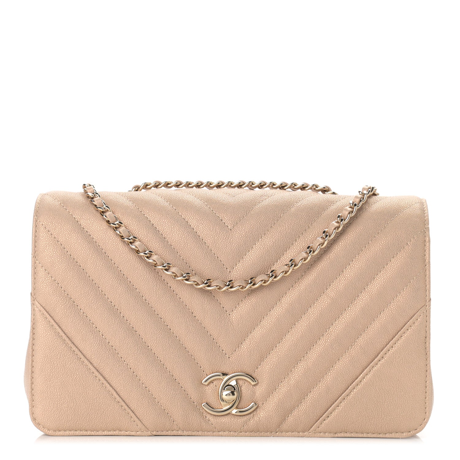 Chanel Metallic Caviar Chevron Quilted Medium Statement Flap Beige 1 of 10