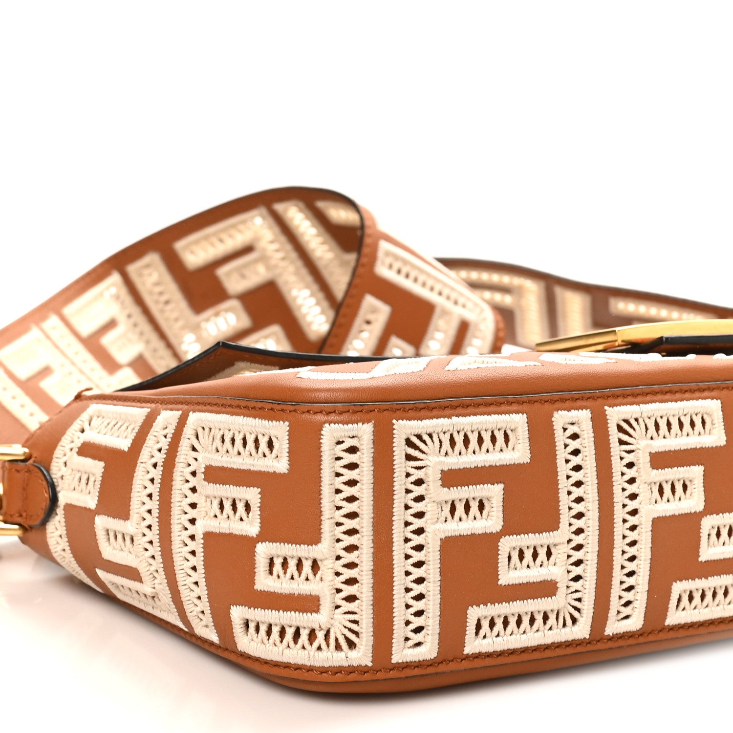 Fendi Vitello Seta FF Ajour Embroidered Baguette Brandy 8 of 9