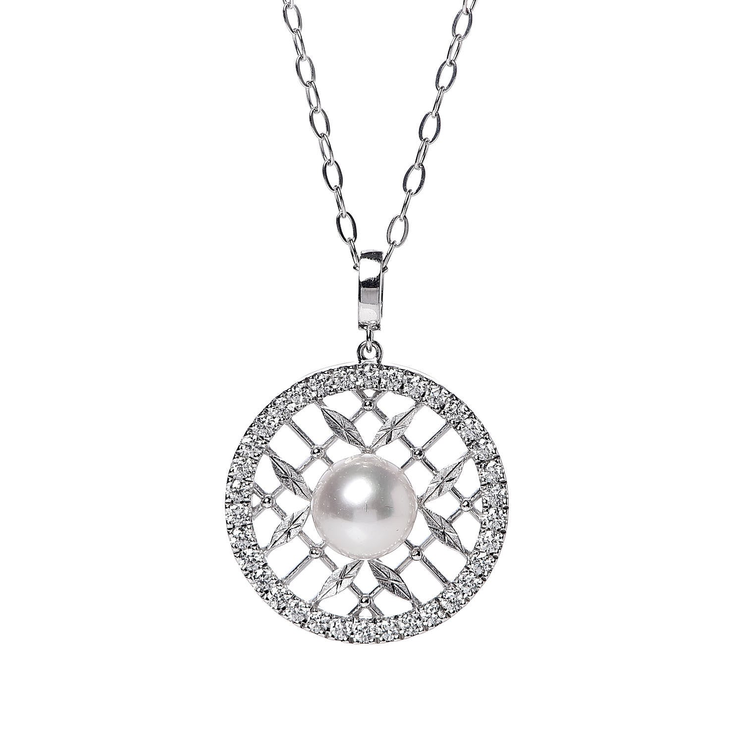 Mikimoto 18K White Gold Diamond Akoya Pearl 7mm Circle Pendant Necklace 5 of 6