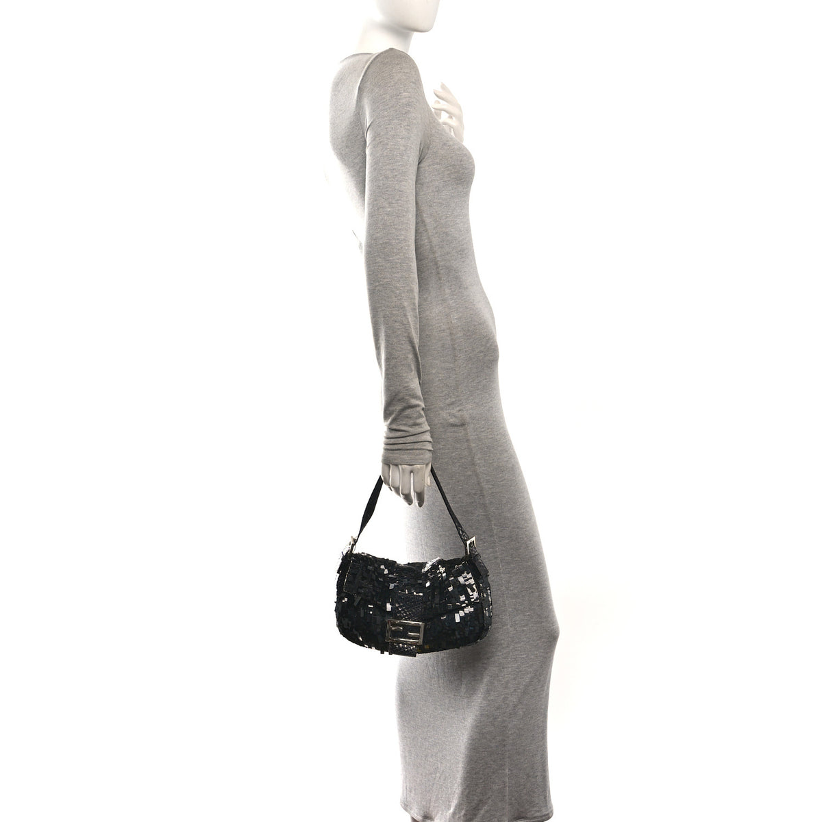 Sequin Paillettes Snakeskin Baguette Black