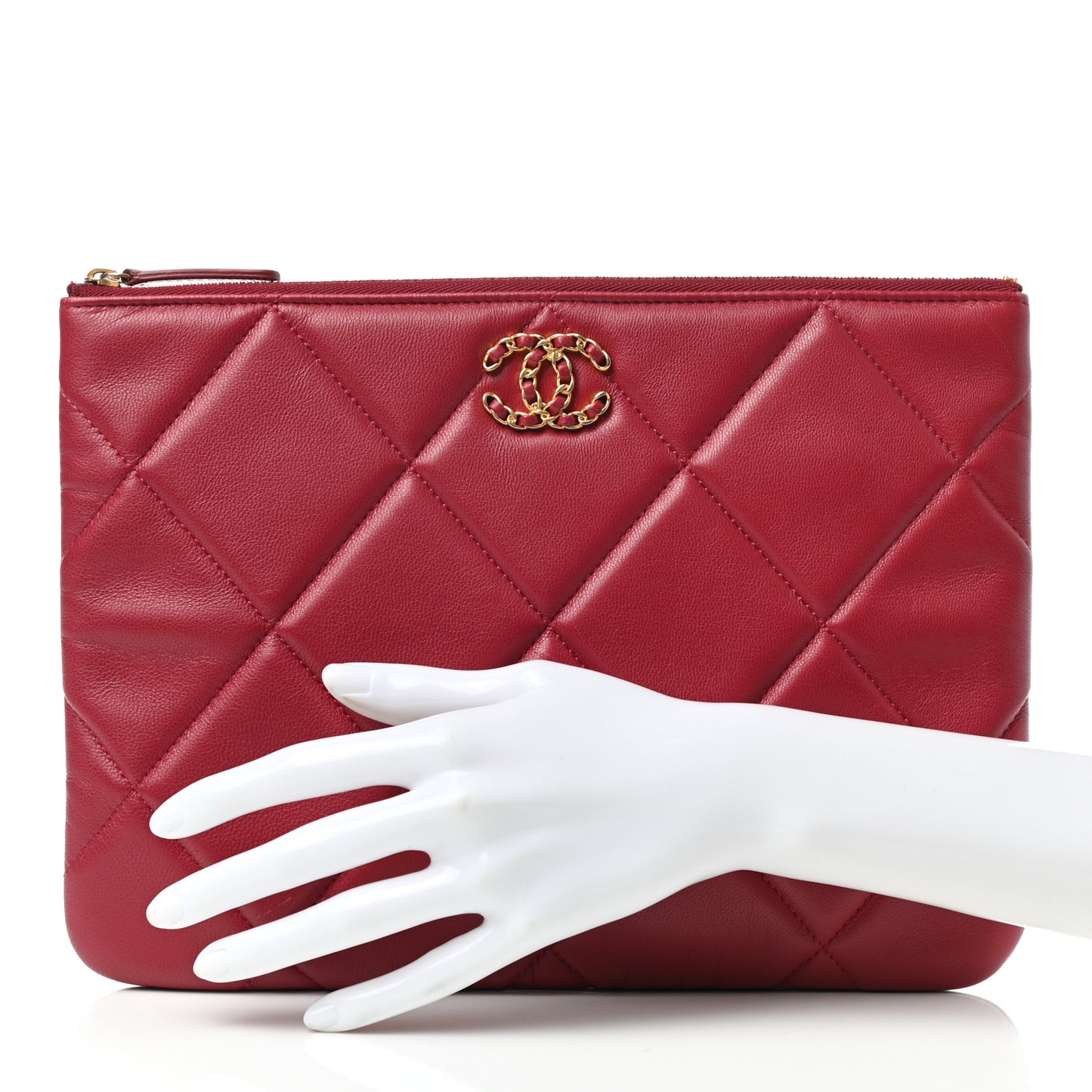 Goatskin Quilted Large Chanel 19 Pouch Red