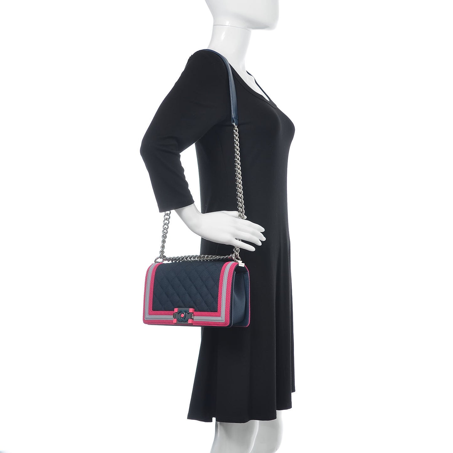 Canvas Quilted Medium Fluo Boy Flap Dark Navy Fuchsia Grey