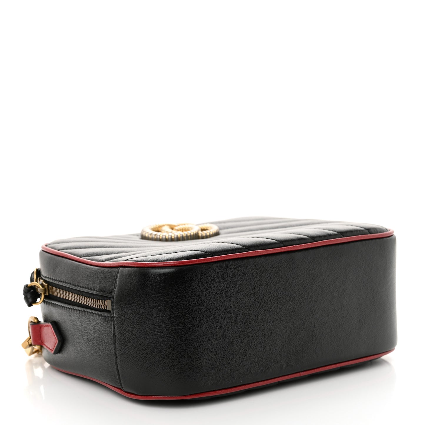 Vintage Effect Calfskin Matelasse Diagonal Small Torchon GG Marmont Bamboo Top Handle Shoulder Bag Black Romantic Cherry