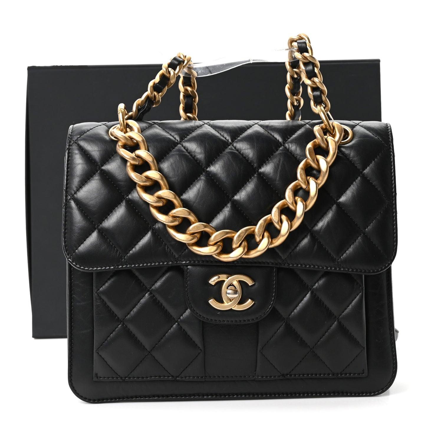 Aged Calfskin Quilted Double You Backpack Black