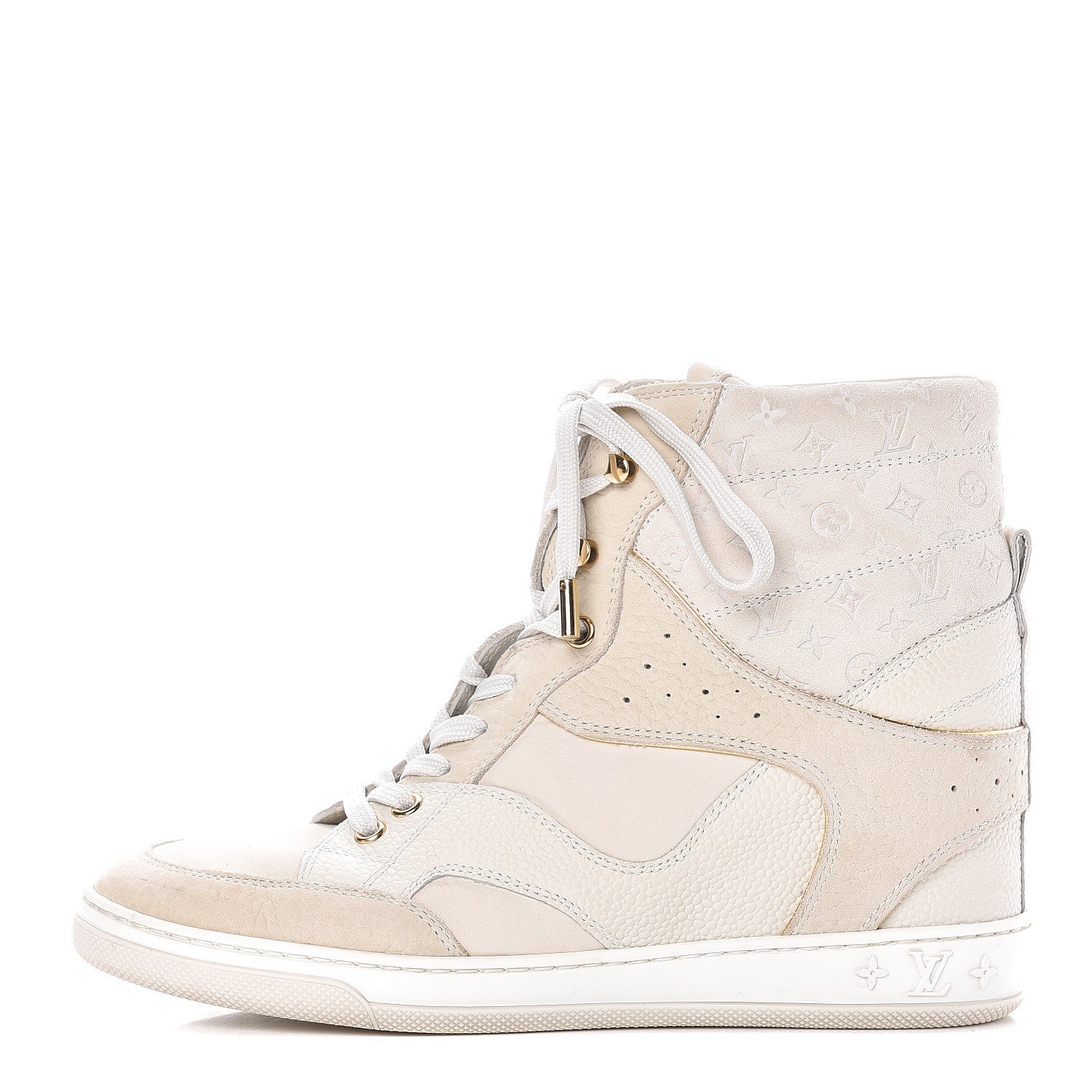 Louis Vuitton Calfskin Suede Monogram Cliff Top Wedge Sneakers 38 Ivory 1 of 14