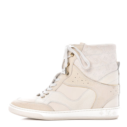 Louis Vuitton Calfskin Suede Monogram Cliff Top Wedge Sneakers 38 Ivory 1 of 14