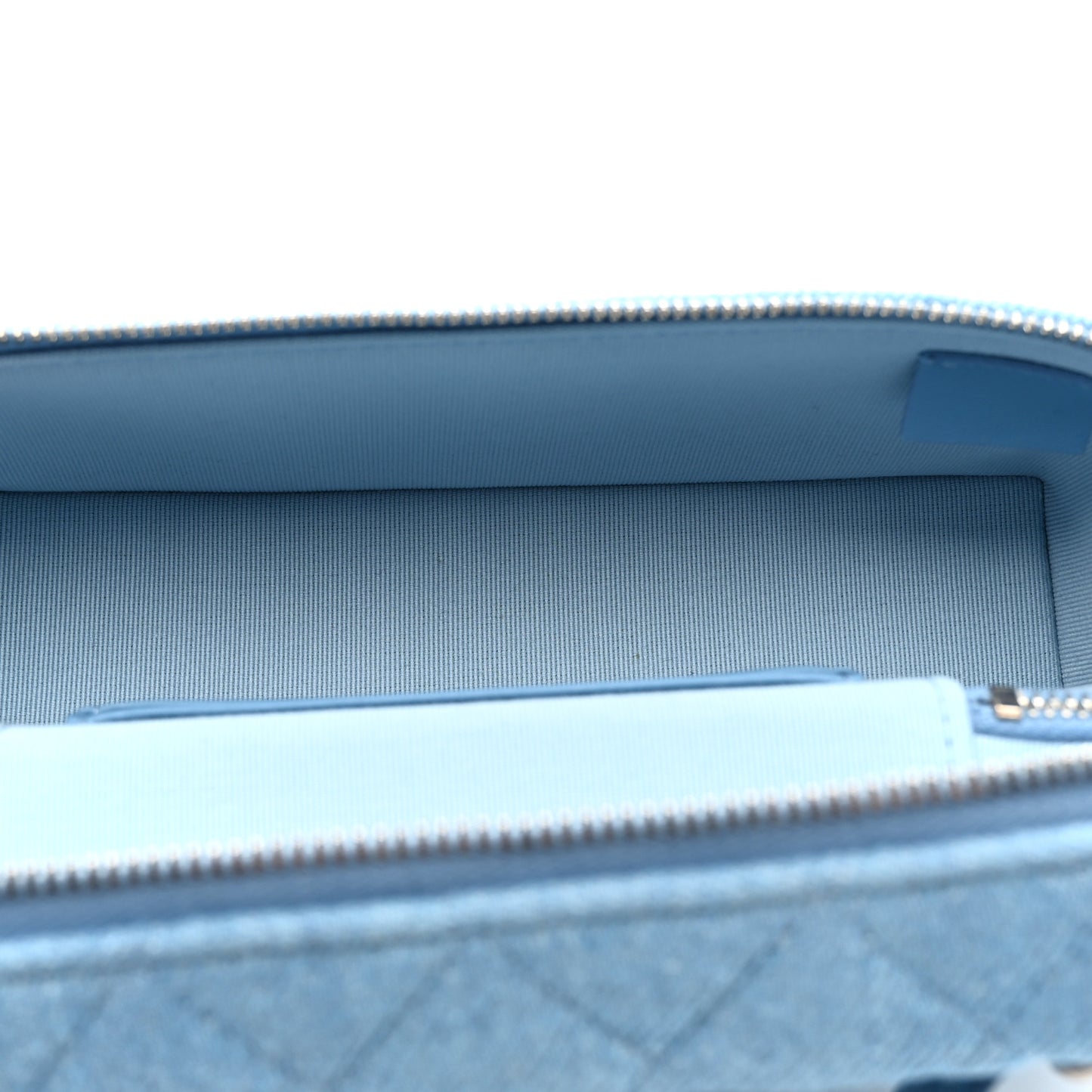 Denim Quilted Top Handle Slim Vanity Case With Chain Blue