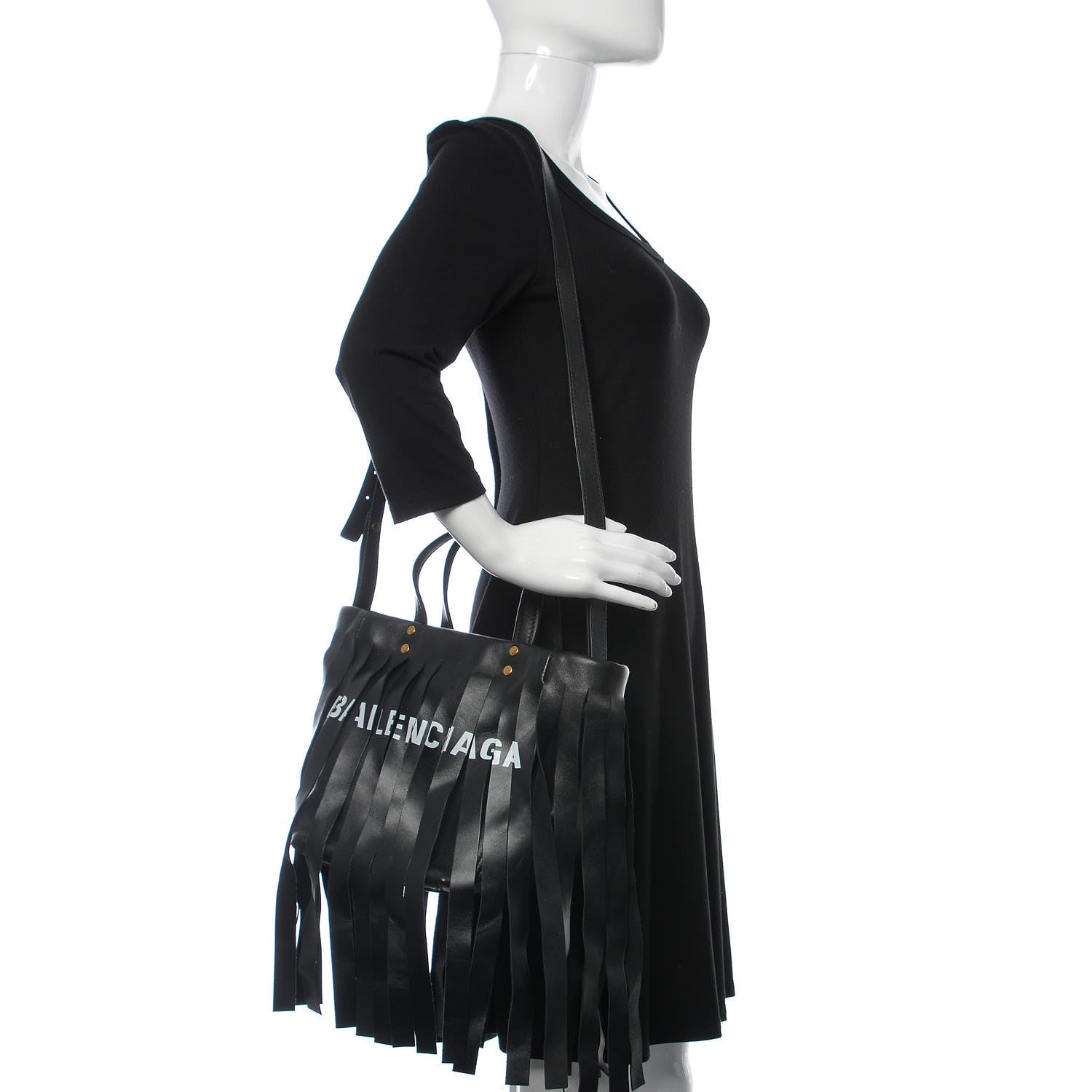 Balenciaga Calfskin XS Fringe Laundry Cabas Black 2 of 6