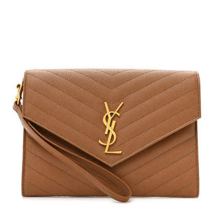 Saint Laurent Grain De Poudre Matelasse Chevron Monogram Cassandre Flap Pouch Natural Dark 1 of 10