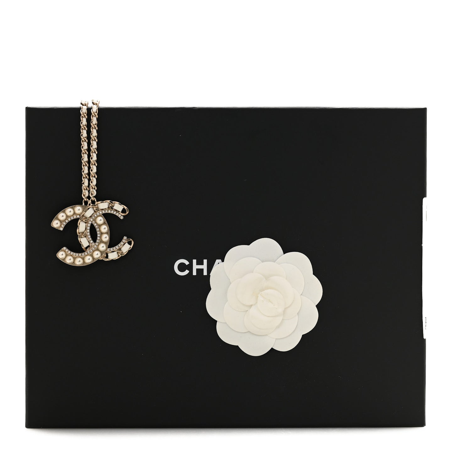 Pearl Crystal Lambskin Chain CC Necklace White Gold