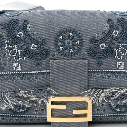 Fendi Denim Fringe Embroidered Coral Bandana Baguette  Myrtle 8 of 11