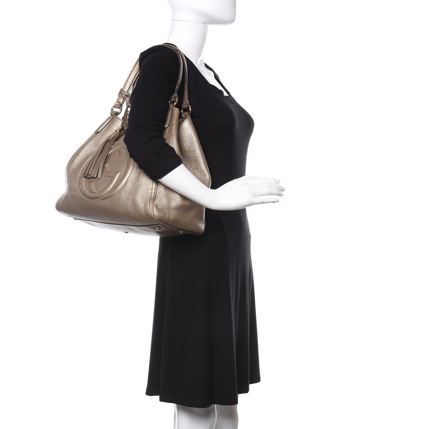 Metallic Pebbled Calfskin Medium Soho Shoulder Bag Golden Beige