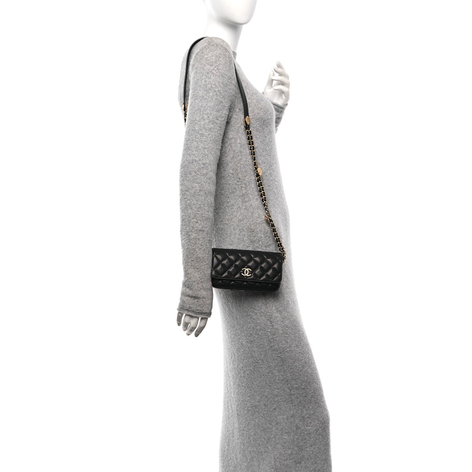 Chanel Caviar Quilted Yours Buttons Phone Holder With Chain Black 2 of 12