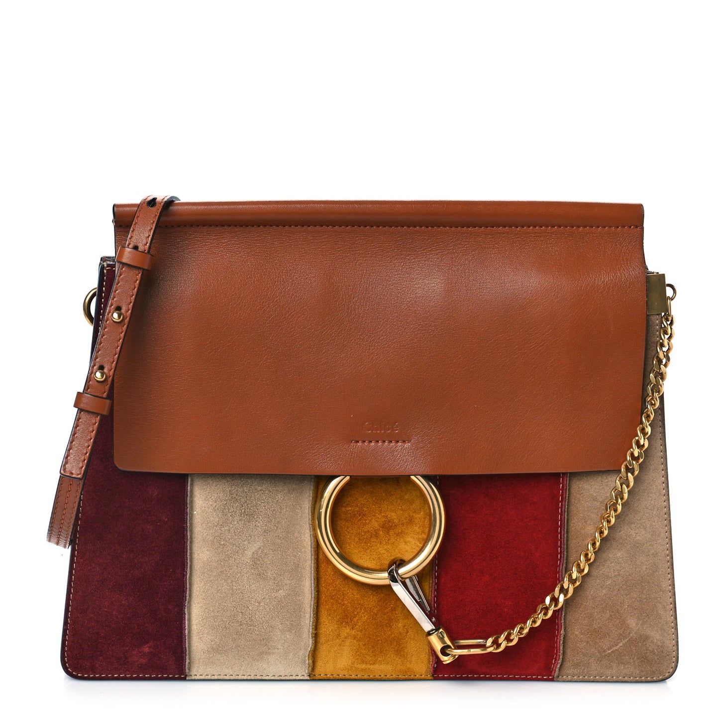 Suede Calfskin Striped Patchwork Medium Faye Shoulder Caramel Multicolor