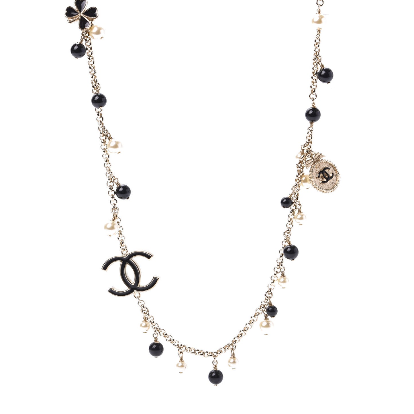 Pearl Beaded Enamel CC Coco Long Necklace Black Gold