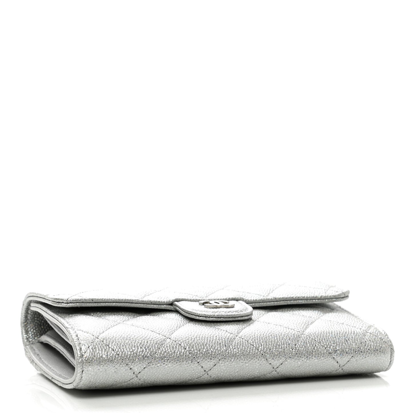 Glittered Metallic Caviar Quilted Medium Flap Wallet Silver