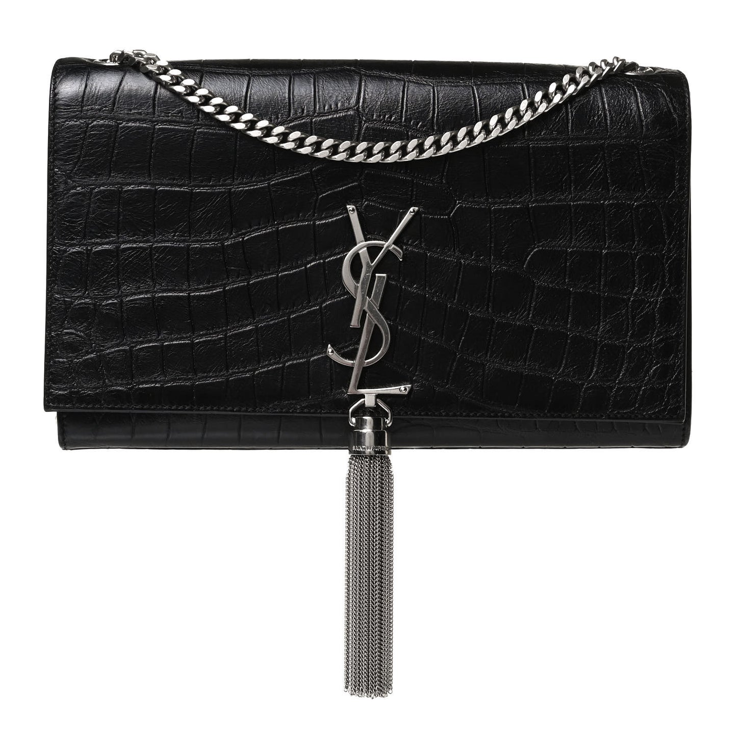 Calfskin Crocodile Embossed Medium Classic Monogram Kate Tassel Satchel Black