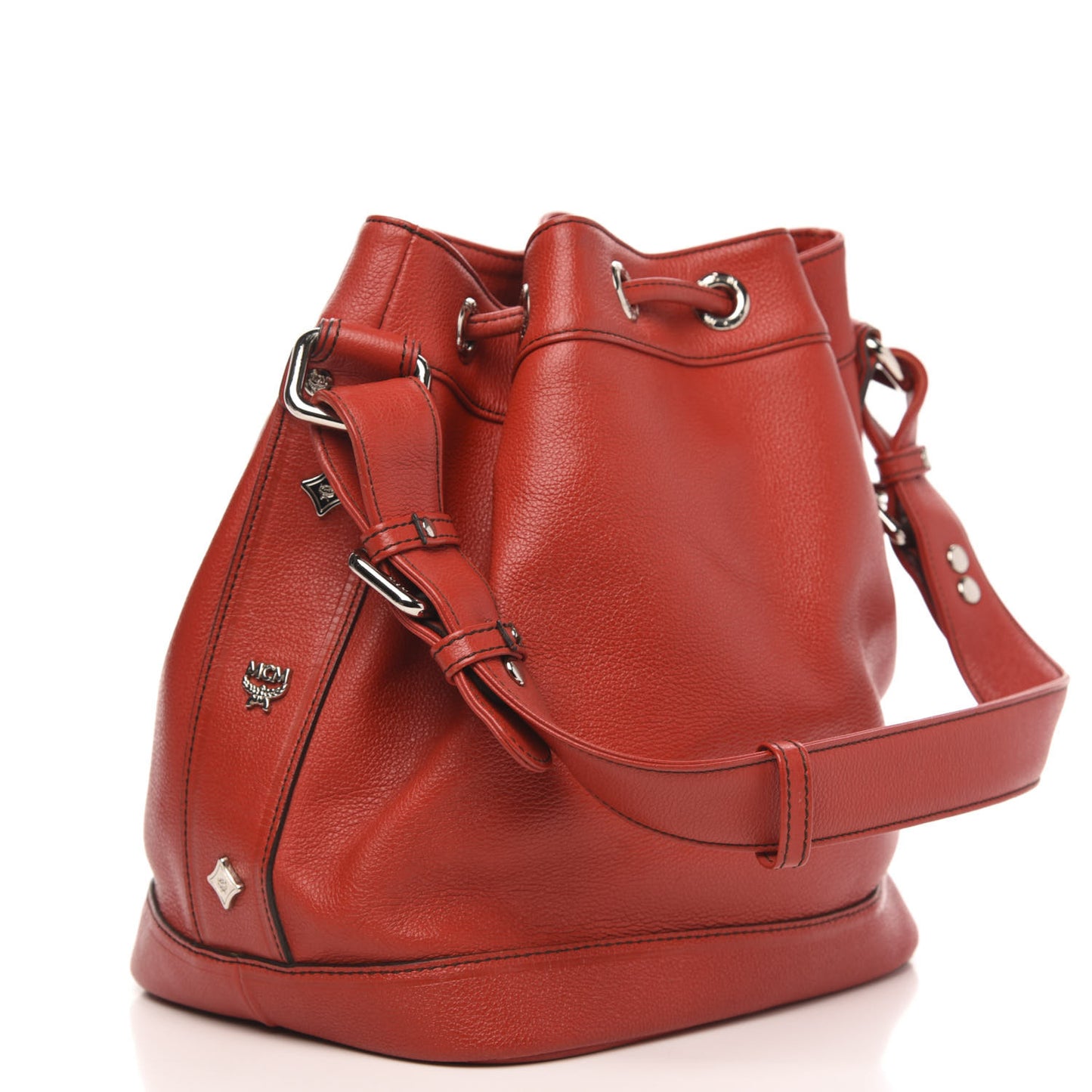 Grained Calfskin Studded Drawstring Bucket Bag Red