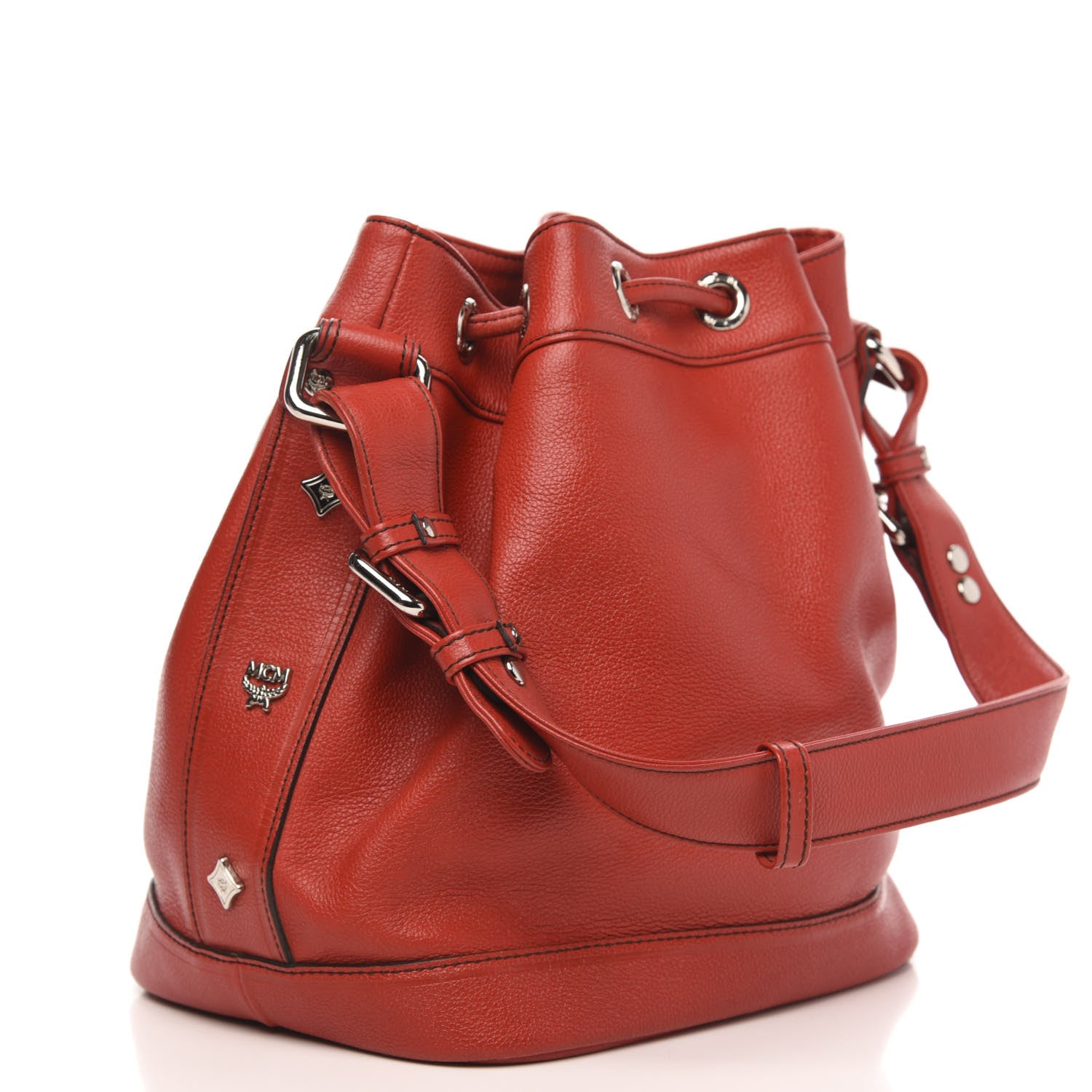 MCM Grained Calfskin Studded Drawstring Bucket Bag Red 3 of 8