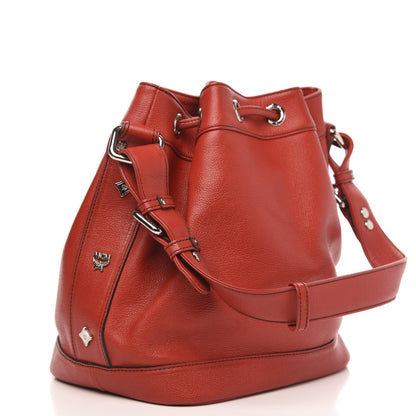 MCM Grained Calfskin Studded Drawstring Bucket Bag Red 3 of 8