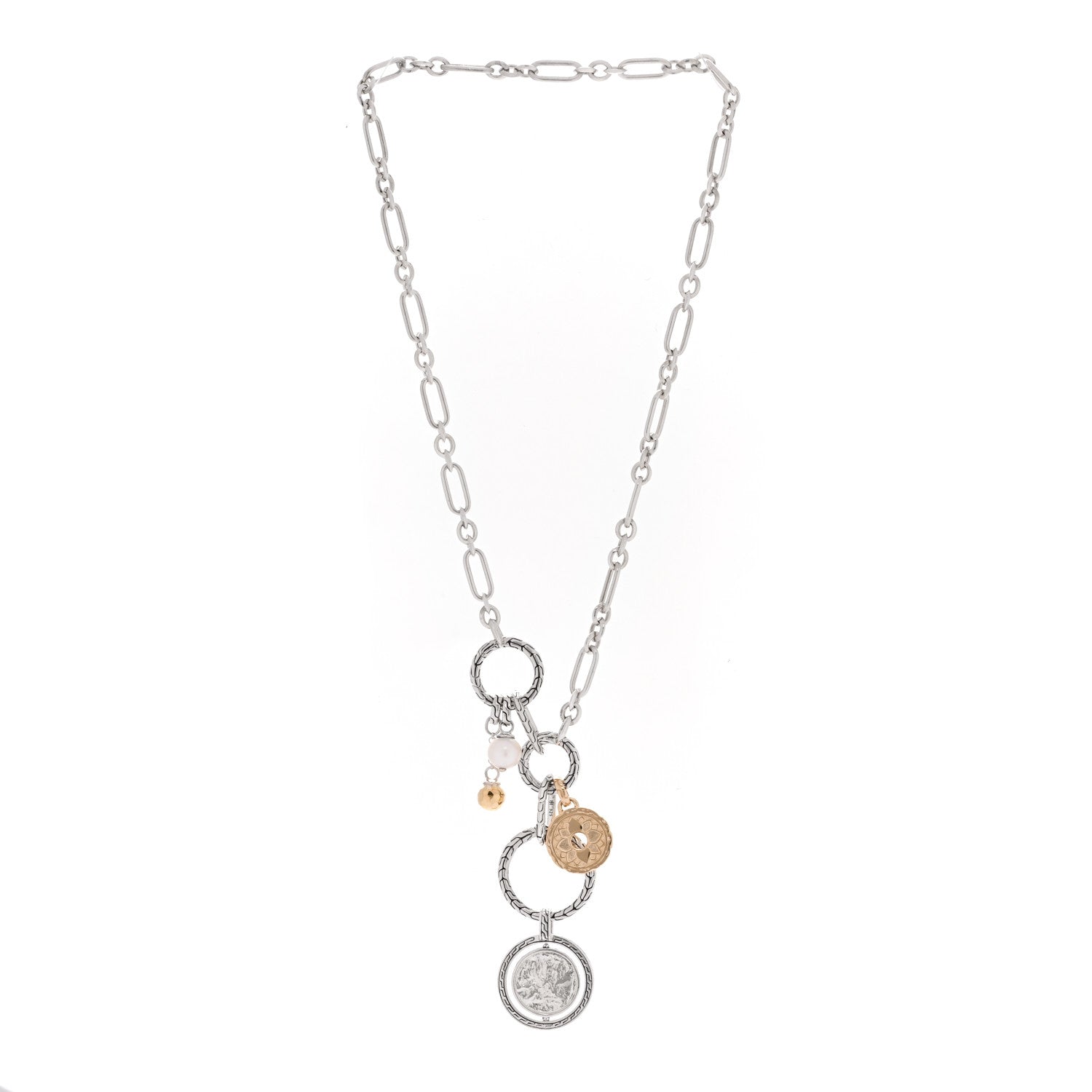 John Hardy Sterling Silver 14K 18K Yellow Gold Cultured Pearl Moon Door Keyring Necklace 3 of 5