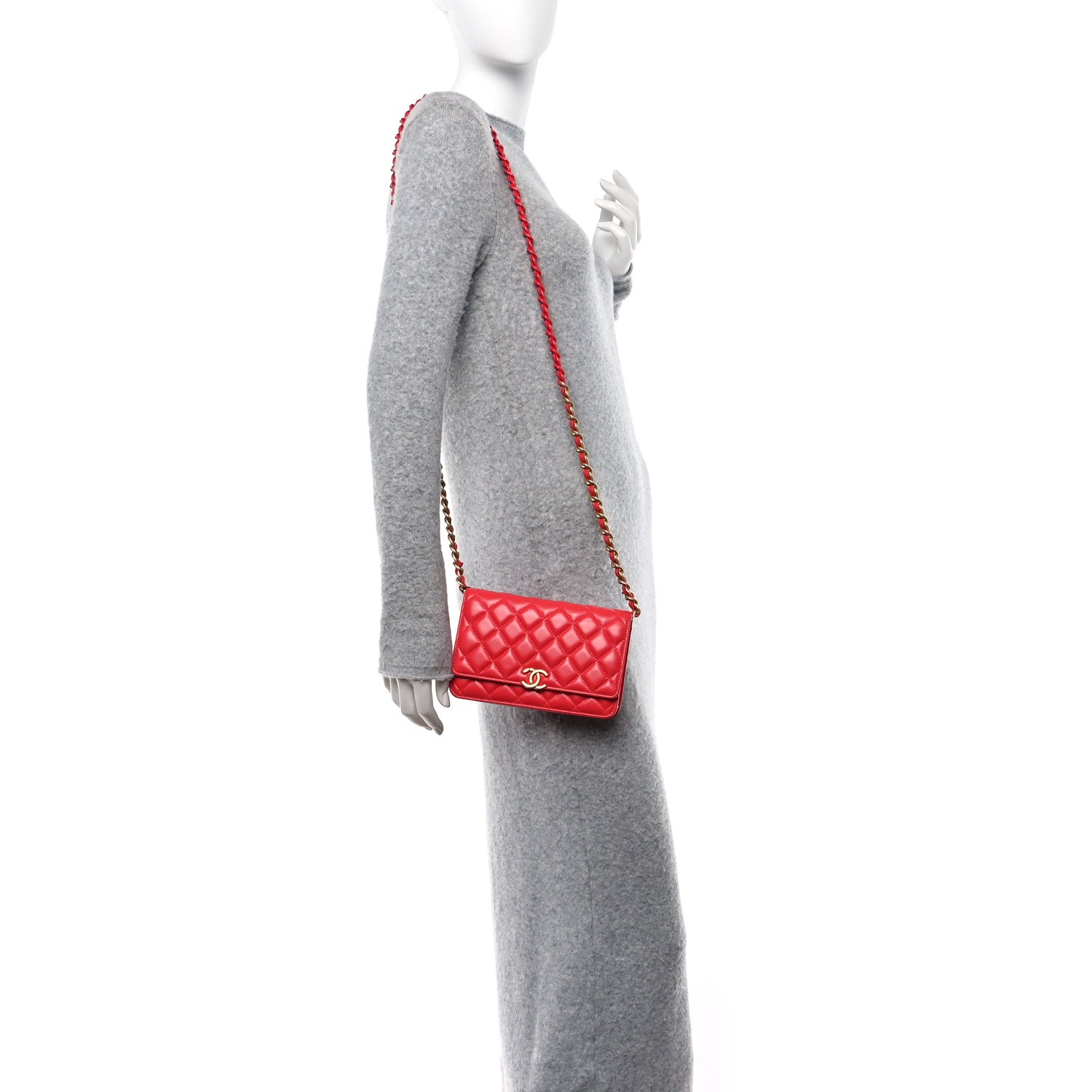 Chanel Lambskin Resin Quilted Wallet On Chain WOC Red 2 of 11