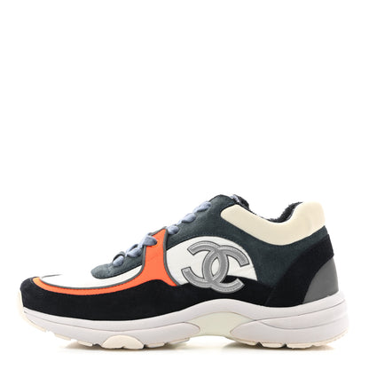 Chanel Nylon Calfskin Suede CC Womens Sneakers 38 Navy White Orange Black 1 of 7