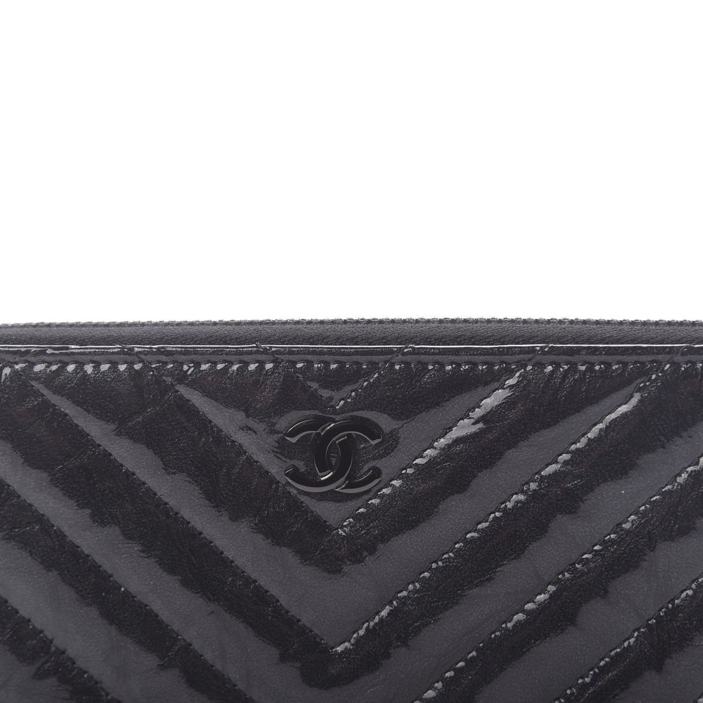Metallic Crumpled Patent Calfskin Chevron Quilted Medium Zip Around Wallet Black