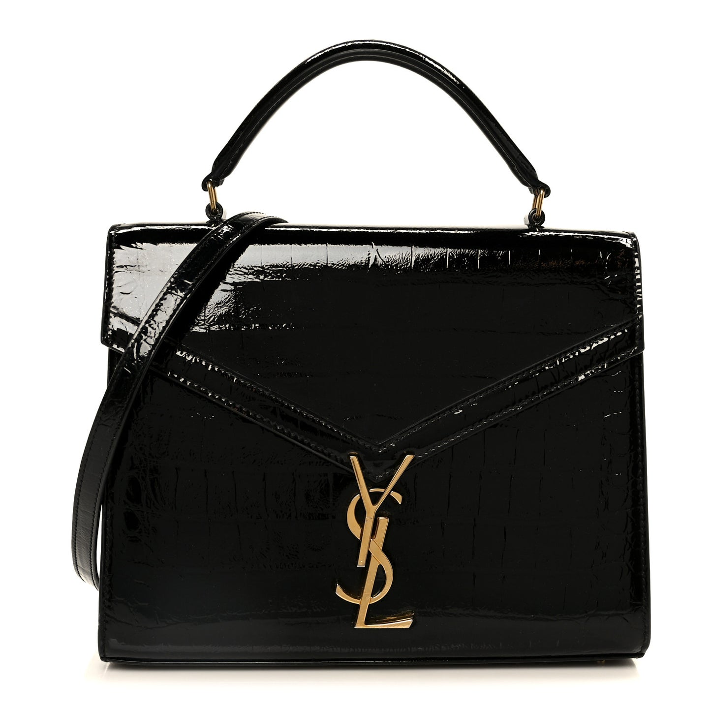 Calfskin Crocodile Embossed Medium Classic Monogram Cassandra Top Handle Black