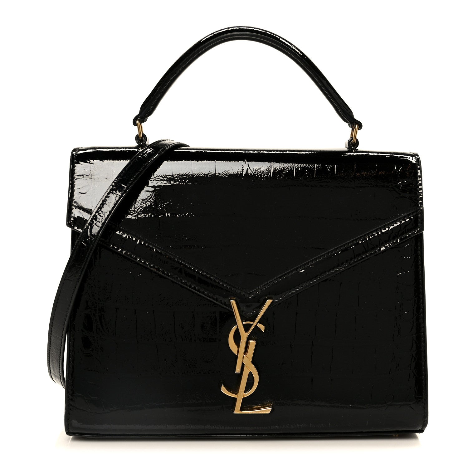 Saint Laurent Calfskin Crocodile Embossed Medium Classic Monogram Cassandra Top Handle Black 1 of 10