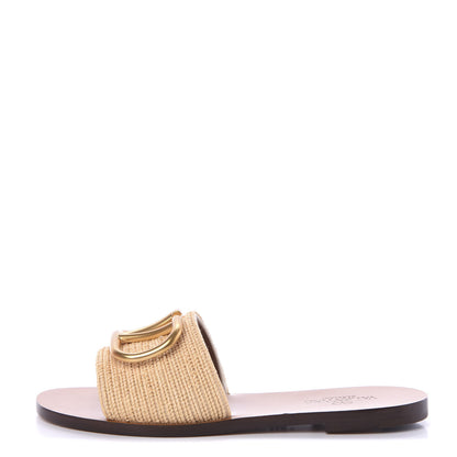 Valentino Garavani Raffia Vlogo Flat Slide Sandals 35 Natural 1 of 8
