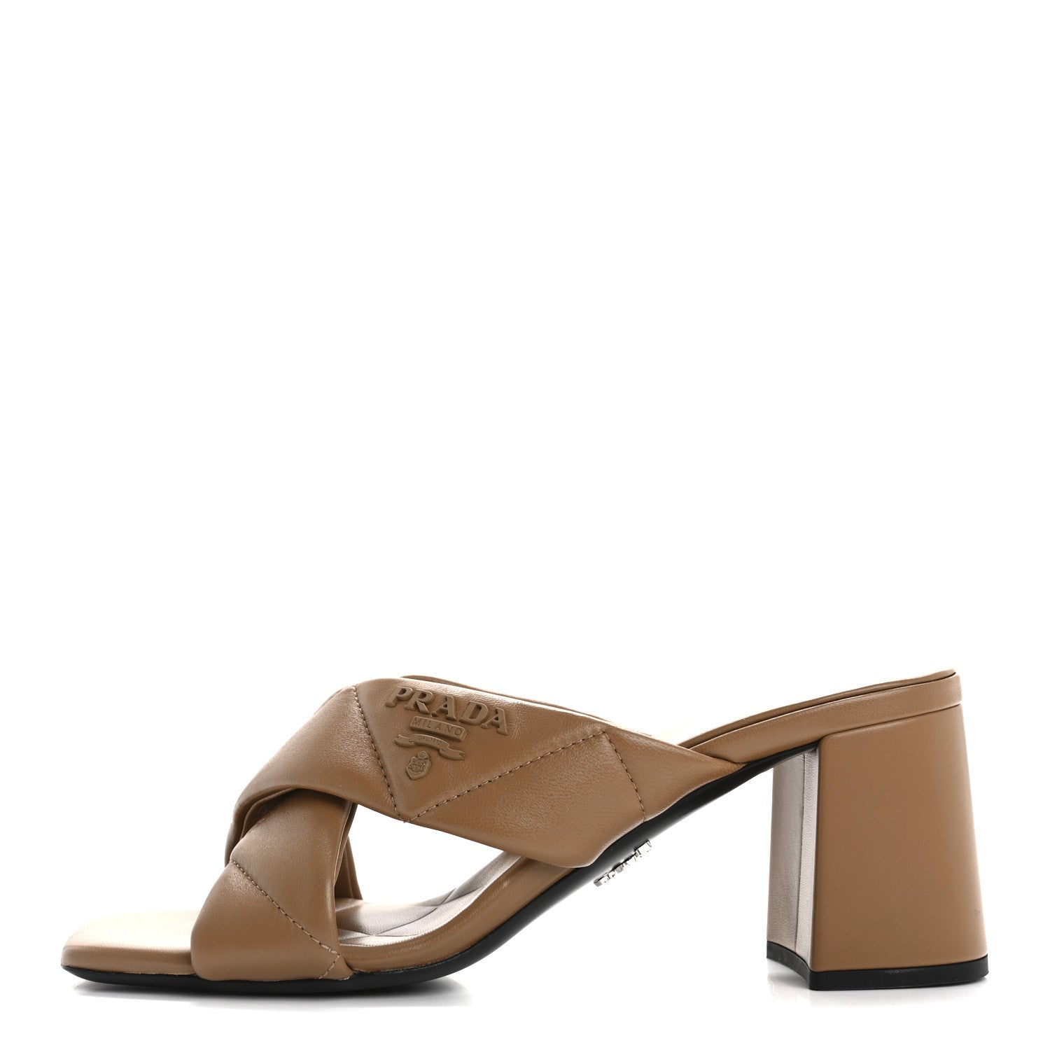 Prada Nappa Logo Quilted Crisscross 65mm Block Heel Slide Sandals 37 Brown 1 of 8