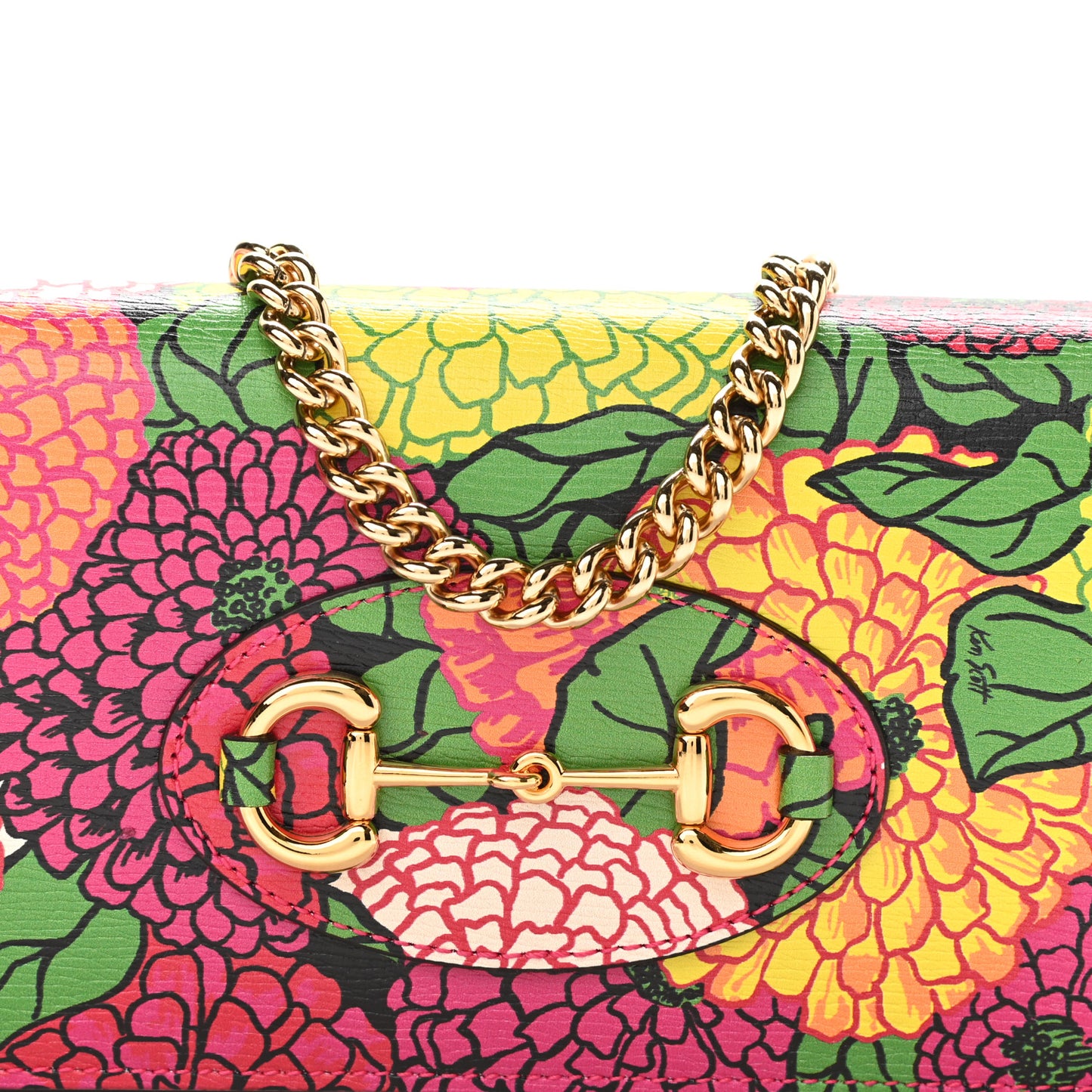 X KEN SCOTT Shangai Calfskin Pomponica Print Horsebit 1955 Wallet On Chain Multicolor Fuxia Pompon